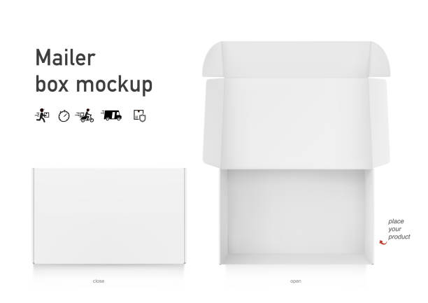 Realistic open post box mockup. Vector illustration isolated on white background. Flat lay view.Ready for your design. EPS10. cardboard box mockup stock illustrations