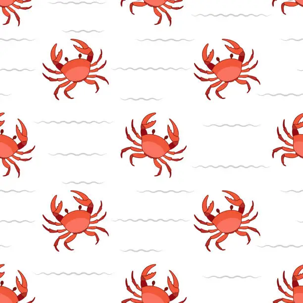 Vector illustration of Seamless pattern with cute cartoon crab character on a pink background. Childish sea animals design for fabric, textile, paper.