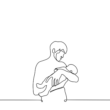 young father or older brother holding a baby in his arms and smiling - one line drawing vector. concept man holding his baby with a smile