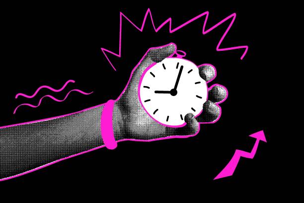 Trendy halftone hand collage. Doodle. Stopwatch in hand. Business, time. Retro halftones in fashionable style. Modern vector illustration. Vector illustration