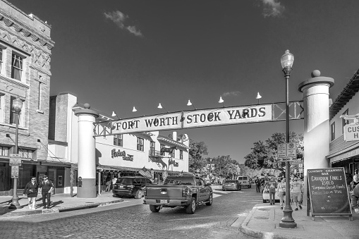Fort Worth, USA - November 4, 2023: view to the brick architecture and Main street in Stockyards, the old cattle selling area of Fort Worth, USA.