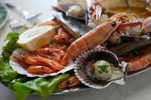 A seafood platter, abundant with fresh prawns, scallops, spider crab,and garnished with herbs and lemon, presents a feast for the senses. Galicia Spain