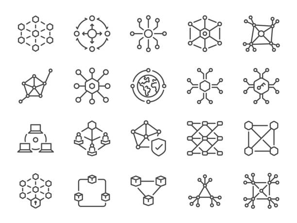 illustrations, cliparts, dessins animés et icônes de jeu d’icônes décentralisé. il comprenait la centralisation, la décentralisation et d’autres icônes. trait vectoriel modifiable. - réseau informatique