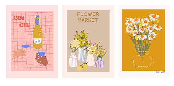 Collection of Retro Spring posters. Spring art posters.  Floral Poster template. Interior posters set. Inspiration posters. Editable vector illustration.