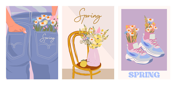 Collection of Retro Spring posters. Spring art posters.  Floral Poster template. Interior posters set. Inspiration posters. Editable vector illustration.