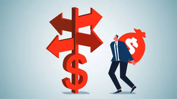 Vector illustration of The problem of investing and where to invest, where to invest, the problem of money, investment choices and crossroads, the businessman standing at the crossroads of the dollar with a bag of money