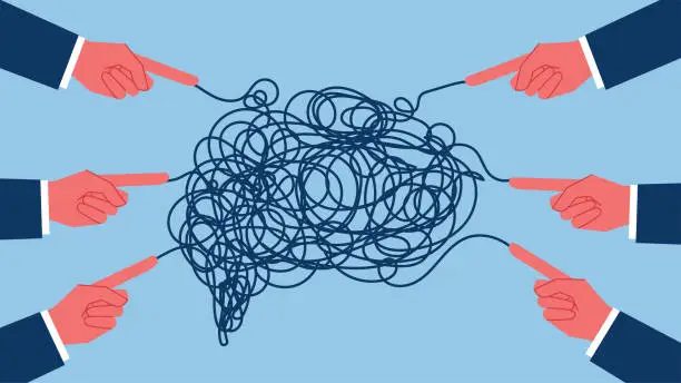 Vector illustration of Confusing ideas and thoughts, tangled emotions, pointing out wrong ideas, resolving frustrations and mistakes, index finger pointing to the confusing tangled mass of threads