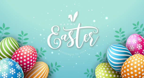 Vector Illustration of Happy Easter Holiday with Painted Egg and Green Leaves on Blue Background. International Religious Celebration Design with Typography Lettering for Greeting Card, Party Invitation or Promo Banner. vector art illustration