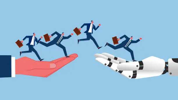 Vector illustration of Artificial Intelligence changes the way work is done and improves efficiency, technology and innovation support technology and reform, businessmen are jumping from human arms to artificial intelligence robotic arms