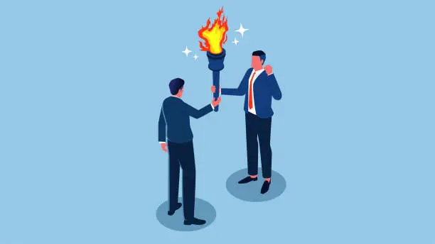 Vector illustration of A successor, a transfer of tasks or a change to a new program and goal, an isometric businessman passing the torch to another businessman