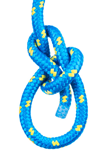 Bowline knot blue rope isolated on white background