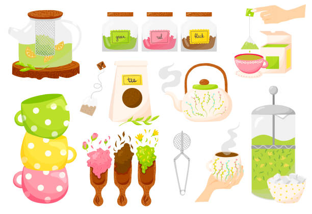 ilustrações de stock, clip art, desenhos animados e ícones de tea set of vector illutrations. tea types. cups of tea design kettle, tea ceremony - tea cup tea green tea chinese tea