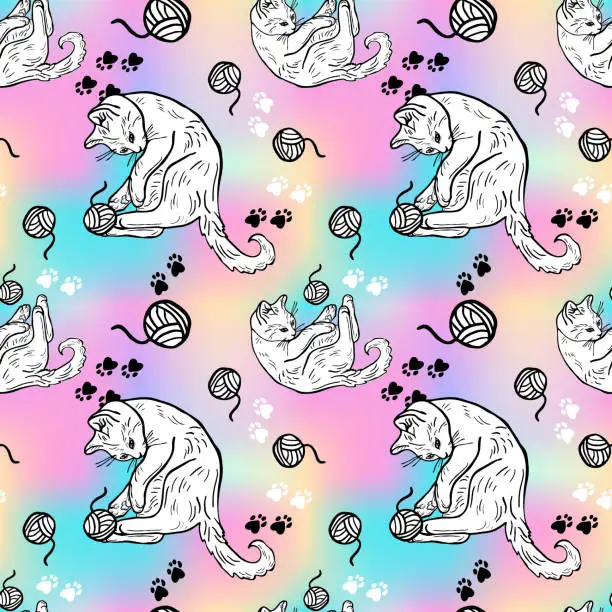 Vector illustration of Seamless pattern with cute funny cats playing ball of yarn with trendy holographic background. Doodle style