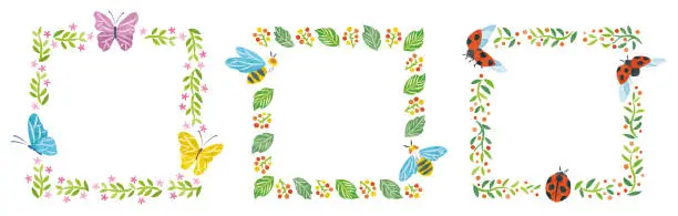 Vector illustration of Spring Plant Butterfly Insect Illustration frame set