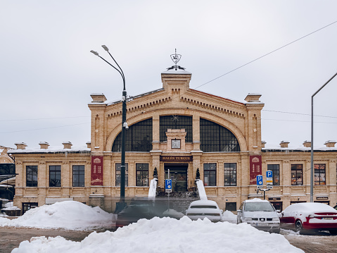 Vilnius, Lithuania - 01 21 2024: Hall Market (Halės turgus) in Vilnius Old Town in winter