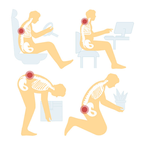 illustrations, cliparts, dessins animés et icônes de personnage souffrant de maux de dos. muscles endoloris du dos, mal - backache pain physical injury sport