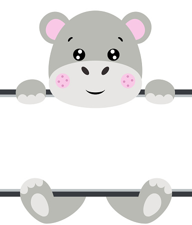 Scalable vectorial representing a cute hippo with blank signboard, element for design, illustration isolated on white background.
