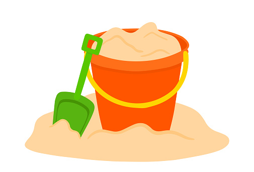 Orange sand bucket with yellow shovel in beach. concept of children's summer vacation. flat vector illustration isolated on white background