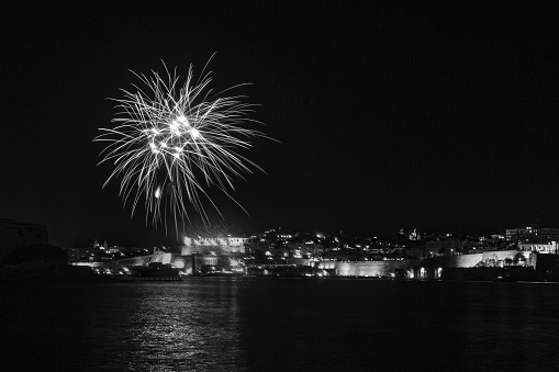 Firework display at the harbor, malta on 30th April 2014, taken from Kalkara, Malta