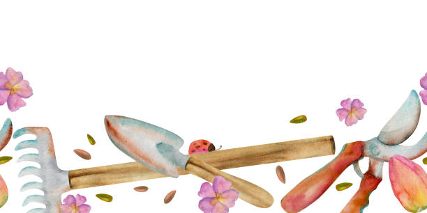 Hand drawn watercolor illustration spring gardening tools, rake shovel pruning shears primula flower vintage. Seamless banner isolated on white background. Design print, shop, scrapbooking, packaging Hand drawn watercolor illustration spring gardening tools, rake shovel pruning shears primula flower vintage. Seamless banner isolated on white background. Design print, shop, scrapbooking, packaging. scissors cutting wrapping paper stock illustrations