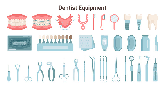 Dentist equipment set. Professional medical instruments and equipment for dental office. Orthodontic and stomatological sterile tools. Flat vector illustration