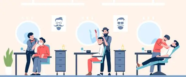 Vector illustration of Male salon. Men in barbershop caring beards and hair. Professional barbers at work, haircutting and shaving customers. Recent vector scene