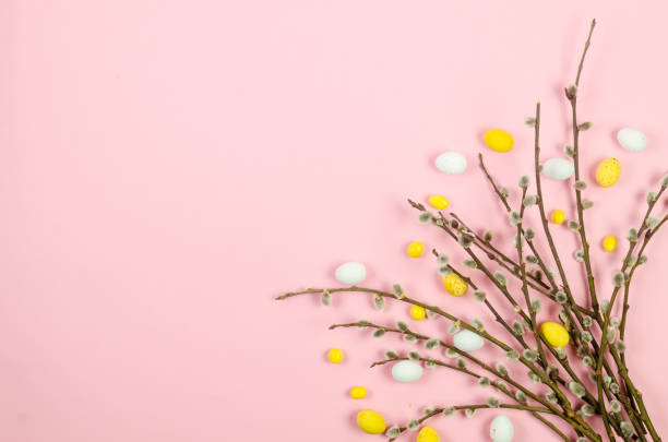 istock Easter ard with brunch willow on pink background. Easter holiday and tradition concept. Preparation for holiday. 2029801612