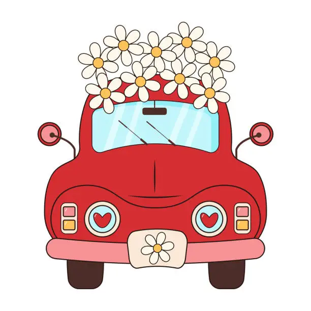 Vector illustration of Groovy retro red car with daisies. Hippie vintage car. Love, peace, travel, adventure, hippie culture concept.
