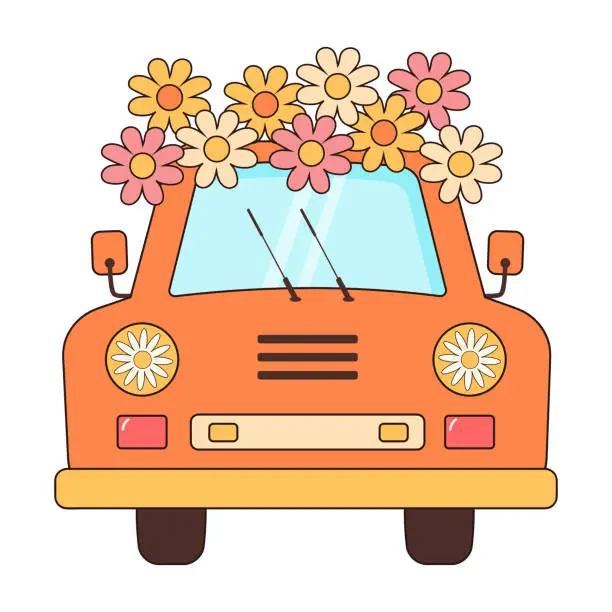 Vector illustration of Groovy retro car with daisies flowers. Hippie vintage car. Love, peace, travel, adventure, hippie culture concept.