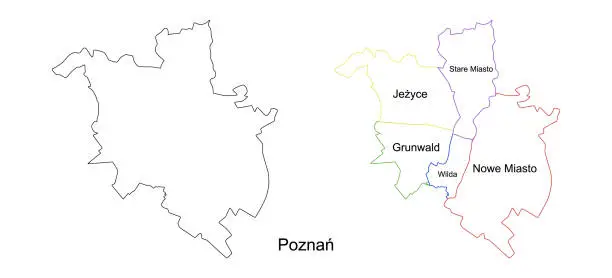 Vector illustration of Vector map of Poznan and its districts. Highly detailed vector outline, black silhouette. All isolated on white background