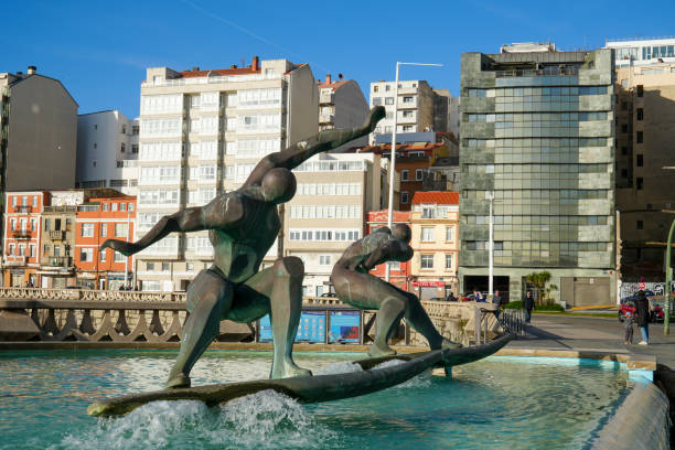 A Coruna Galicia Spain on February 2, 2024 The surfers fountain at Orzan beach.