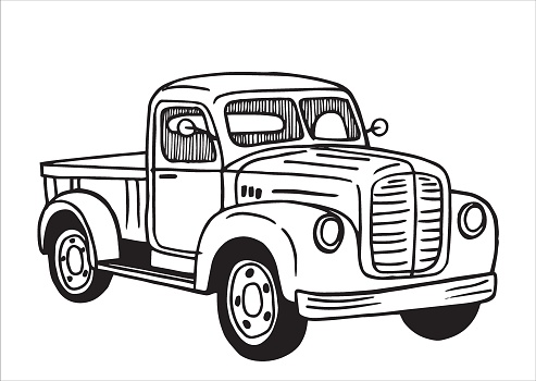 old truck, black and white illustration in sketch style, engraving. vintage drawing