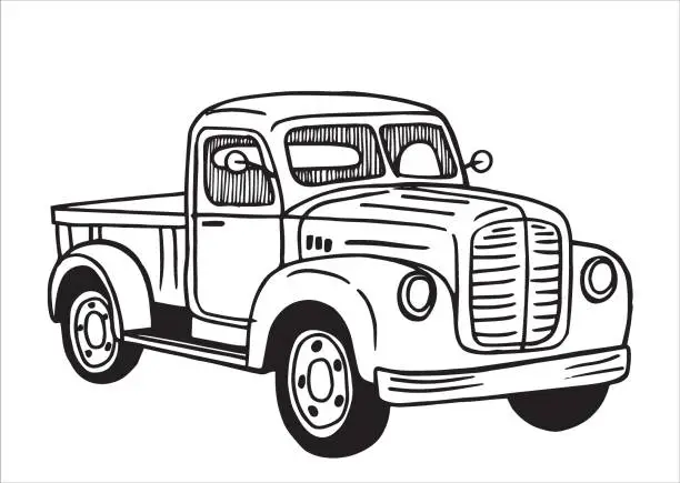 Vector illustration of old truck, black and white illustration in sketch style, engraving. vintage drawing