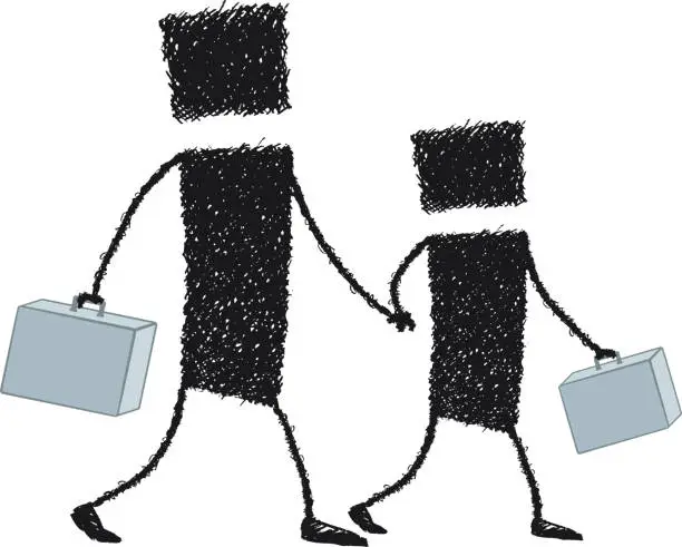 Vector illustration of Father and son walk together, stick figures