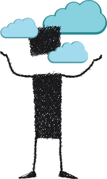 Vector illustration of Head in the clouds, stick figure