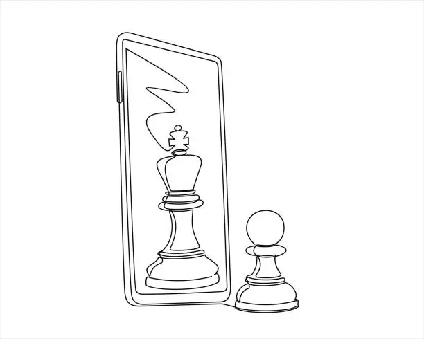 Vector illustration of Continuous one line drawing of a queen figure and chess piece in a game of chess on mobile. Concept for online games. Smartphone with app game of chess. Continuous line