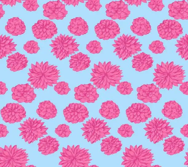 Vector illustration of Stylized bright pink flowers peonies, dahlias, chrysanthemums seamless patterned. Vector hand drawn sketch. Abstract ditsy floral on a blue background printing.Template for design, collage, fabric