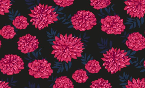 istock Seamless pattern with red artistic, abstract flowers and shapes leaves on a dark black background. Vector hand drawn. Stylized peonies, dahlias, chrysanthemums patterned. Template for design, print 2029866618