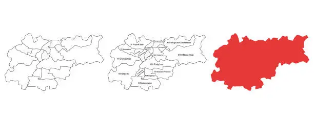 Vector illustration of Map of Krakow and its districts. Vector silhouette of the city of Krakow