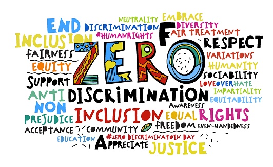 Zero discrimination day word cloud. Respect and diversity landscape poster with hashtags. Love over hate banner. Editable vector illustration in vibrant colors with lettering on a white background