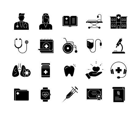 Medical Solid Icon Set contains such icons as doctor, stretcher, hospital, organ donation, patient prescription, tooth, and so on.