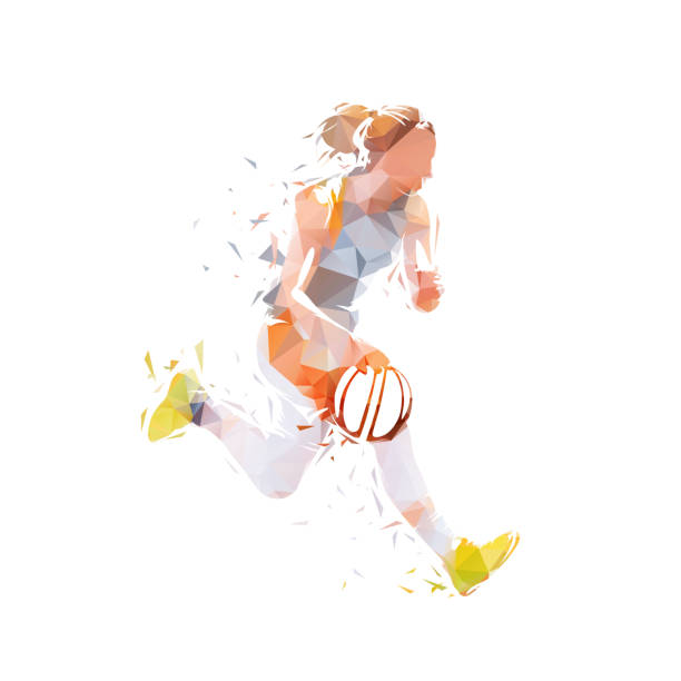 istock Young woman playing basketball. She runs and dribbles, low poly isolated vector illustration, geometric drawing. Female basketball logo 2029905681