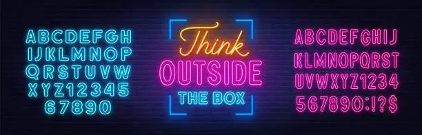 Vector illustration of Think outside the box - neon lettering on brick wall background