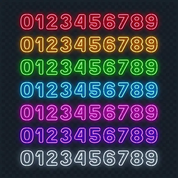 Vector illustration of A neon set of numbers in different colors. The colors include red, yellow, green, blue, pink, purple, and white.