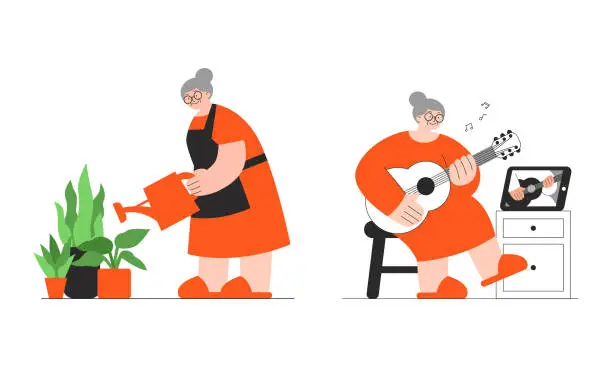 Vector illustration of Flat vector illustration of granny watering houseplants and learns to play guitar from video lesson.