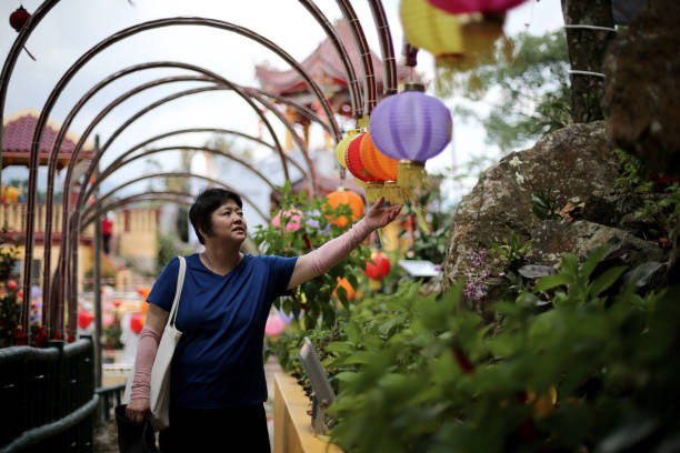 An Asian woman is admiring lanterns hang surrounding Buddhist temple.