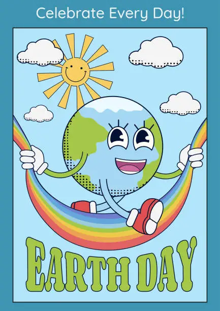 Vector illustration of Earth Day poster in retro groovy style with Earth character jumping over the rainbow. Holiday poster. Vector illustration.