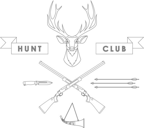 Deer Head, Wooden Arrows, Knife, Crossed Hunting Rifles and Banner of Hunting Club Isolated Outline in Flat Style. Vector Illustration. Deer Head, Wooden Arrows, Knife, Crossed Hunting Rifles and Banner of Hunting Club Isolated Outline in Flat Style. archery range stock illustrations