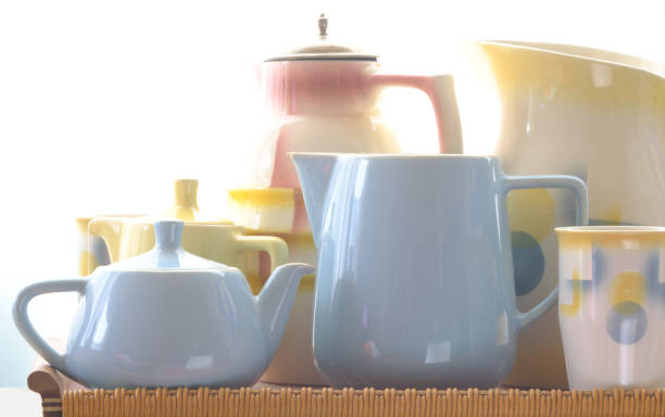 istock Beautiful, vintage crockery,dishes ,coffe pot, filter, mugs,jar,multicolored, white background,free copy space 2029915207