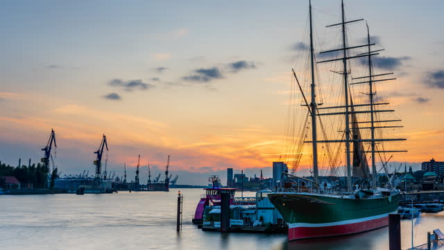 Time lapse Hamburg: Sunset in the harbor of Hamburg